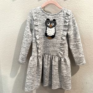 Heather gray sweater dress with crocheted owl